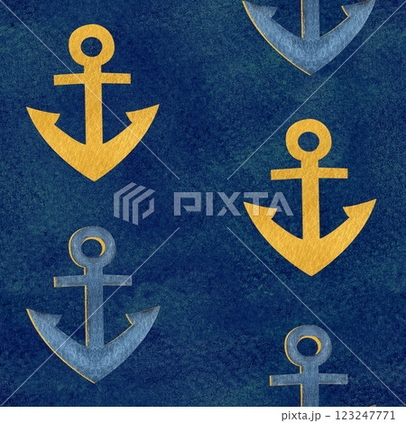 Anchor blue gold watercolor half drop seamless pattern on blue background. Hand painted art perfect for cards, wrapping paper, packaging, tickets, stationary tourism, voyage design. Monochromatic clip 123247771