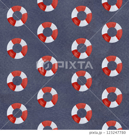 Lifebuoy watercolor seamless pattern on grey background. Hand painted clip art perfect for cards, wrapping paper, packaging travel, voyage design, advertisements, invitations, guides and logo decor 123247780