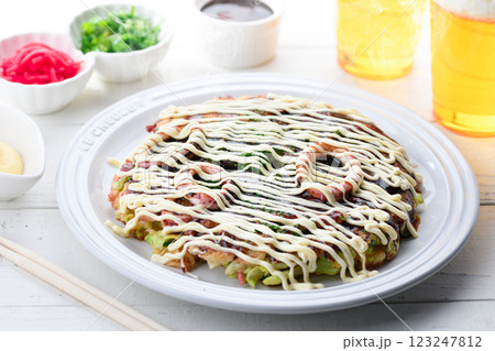 白いお皿に盛り付けた お好み焼き ( イカ玉 ) 白いお皿に盛り付けた お好み焼き ( イカ玉 ) 123247812