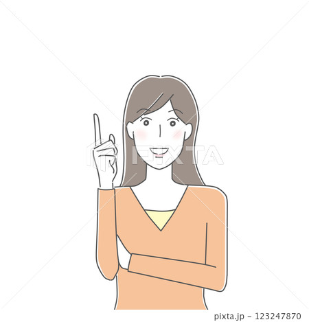 笑顔で上を指しているポジティブな若い女性 笑顔で上を指しているポジティブな若い女性 123247870