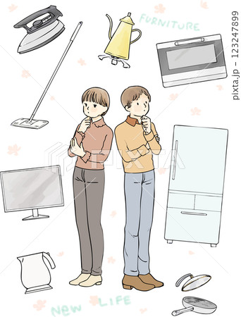 新生活のため家具家電の購入に悩む男性と女性 123247899