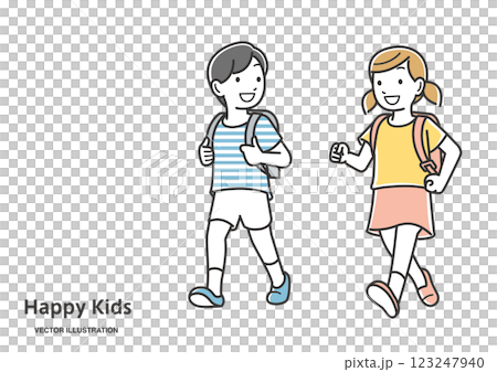 笑顔で会話しながら通学する仲良し小学生 123247940