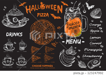 Halloween menu on black background, hand drawn illustrations. Halloween menu on black background, hand drawn illustrations. 123247992