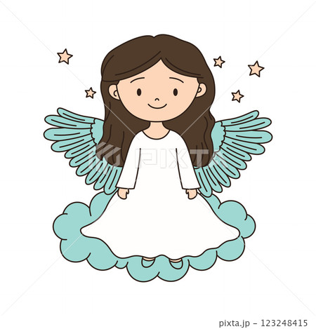 Cheerful Beautiful Cute Winged Little Girl Angel Cartoon Character on Cloud in the Sky Cheerful Beautiful Cute Winged Little Girl Angel Cartoon Character on Cloud in the Sky 123248415