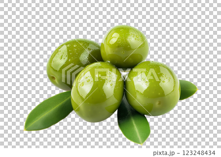 Green olive with leaf isolated on white background png transparent clipart. 123248434