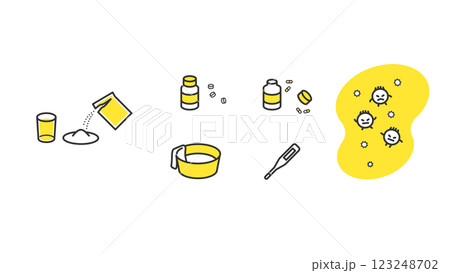 病気のウィルスと、薬、体温計、 123248702