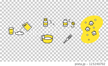 病気のウィルスと、薬、体温計、 123248702