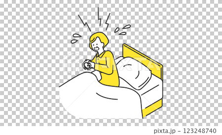睡眠：朝寝坊をしたシニア女性 123248740