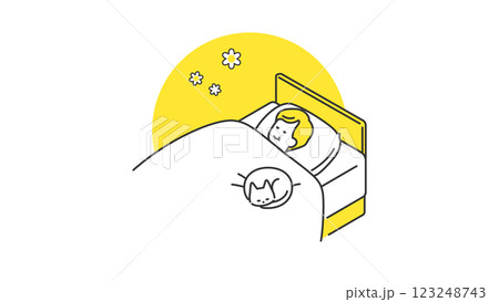 睡眠：猫と一緒にベッドで眠るシニア男性 123248743
