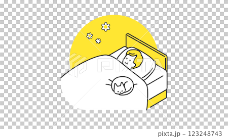 睡眠：猫と一緒にベッドで眠るシニア男性 123248743