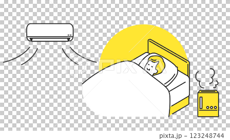 睡眠：加湿・空調付きでベッドで眠るシニア男性 123248744