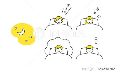 睡眠：ベッドで安眠する老若男女　セット、バリエーション 123248762
