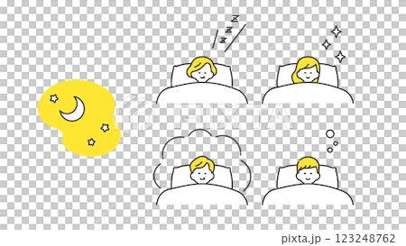 睡眠：不同年齡層的男性和女性在床上酣睡的場景和變化 123248762