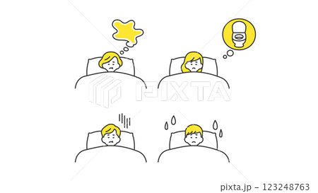 睡眠:ベッドで安眠できない老若男女 セット、バリエーション 睡眠:ベッドで安眠できない老若男女 セット、バリエーション 123248763