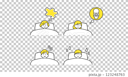 睡眠:ベッドで安眠できない老若男女 セット、バリエーション 睡眠:ベッドで安眠できない老若男女 セット、バリエーション 123248763