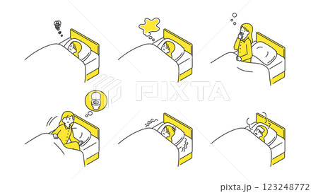 睡眠：ベッドで安眠できない女性　セット、バリエーション 123248772