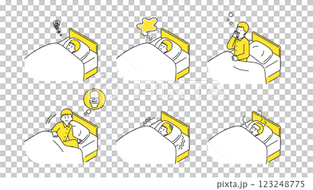 睡眠：ベッドで安眠できない男性　セット、バリエーション 123248775