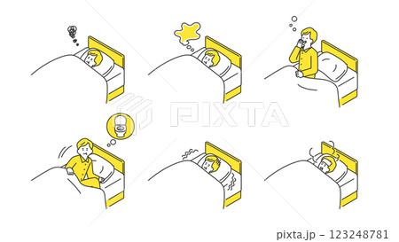 睡眠：ベッドで安眠できないシニア男性　セット、バリエーション 123248781