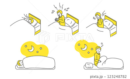 睡眠：ベッドで安眠できないシニア男性　セット、バリエーション 123248782