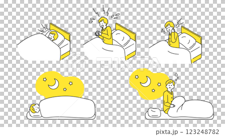 睡眠：ベッドで安眠できないシニア男性　セット、バリエーション 123248782