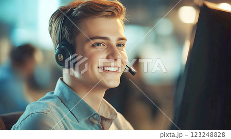 ヘッドセットをつけた笑顔のコールセンターオペレーター 123248828