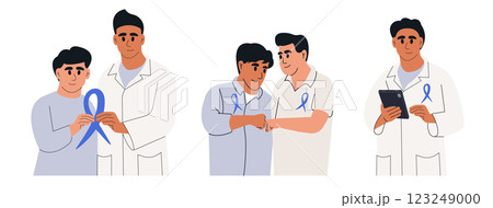 Prostate Cancer Awareness Ribbon. Man and doctor with male health symbol. Vector flat illustration 123249000