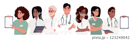 Set of diverse doctors characters. Team of doctors, group medical portrait. Male and female medical workers - doctors, physicians, paramedics, nurses isolated on white background. Set of diverse doctors characters. Team of doctors, group medical portrait. Male and female medical workers - doctors, physicians, paramedics, nurses isolated on white background. 123249042
