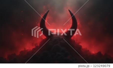 Devil horns emerging from darkness, glowing in red, surrounded by smoky atmosphere, symbolizing danger and chaos. 123249079