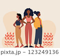 Illustration celebrating Women's Day, featuring strong, diverse women standing together. Perfect for themes of empowerment, equality, and unity. Flat design style 123249136