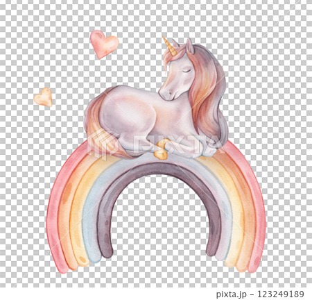 Watercolor hand drawn illustration of the Unicorn sitting on rainbow with hearts. Cute rainbow color horse for Baby shower invitations or nursery wall art. Pastel Fantasy pony for kids greeting cards. Watercolor hand drawn illustration of the Unicorn sitting on rainbow with hearts. Cute rainbow color horse for Baby shower invitations or nursery wall art. Pastel Fantasy pony for kids greeting cards. 123249189