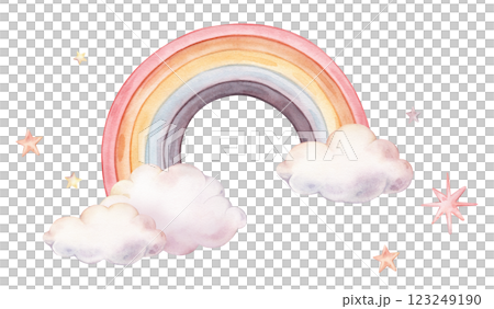 Hand drawn watercolor illustration of the stars and clouds for Baby shower invitations or nursery wall art. Drawing sky with Rainbow for conveying a dreamy, mystical atmosphere for kids greeting cards Hand drawn watercolor illustration of the stars and clouds for Baby shower invitations or nursery wall art. Drawing sky with Rainbow for conveying a dreamy, mystical atmosphere for kids greeting cards 123249190