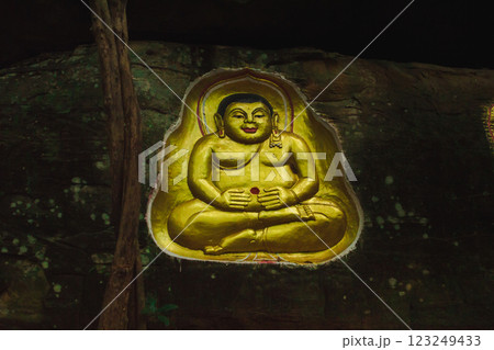 Buddha statue carved into a cliff. A golden Buddha statue is carved into a cliff face. 123249433