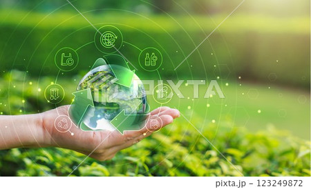 Global recycling day with icons, recycling in environmental sustainability, recycling symbol, bins, plastic bottles and reducing carbon emissions, protect the environment, reducing waste. 123249872