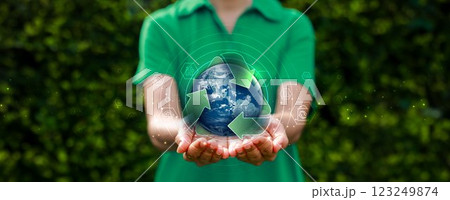 Global recycling day. green arrows recycling symbol with planet earth. reuse reduce recycle. sustainable development concept of eco-friendly practices. Elements of this image furnished by NAZA. Global recycling day. green arrows recycling symbol with planet earth. reuse reduce recycle. sustainable development concept of eco-friendly practices. Elements of this image furnished by NAZA. 123249874