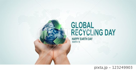 Global recycling day. green arrows recycling symbol with planet earth. reuse reduce recycle. sustainable development concept of eco-friendly practices. Elements of this image furnished by NAZA. 123249903
