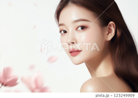 美肌の若くて可愛いアジア女性モデルの美容ポートレート。ピンクの花びらが舞うキュートな印象。 123249909