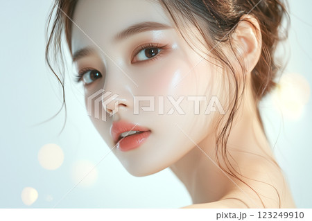 美肌の若くて可愛いアジア女性モデルの煌びやかな美容ポートレート｜背景あり 123249910