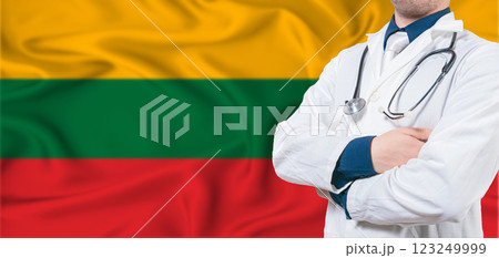 Lithuania Health Care Concept. Male Doctor on Lithuania Flag. Doctor With Crossed Arms on Lithuania Flag Lithuania Health Care Concept. Male Doctor on Lithuania Flag. Doctor With Crossed Arms on Lithuania Flag 123249999