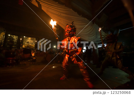 増位山随願寺の鬼追い式 暗闇の中松明を持って踊る赤鬼と青鬼 増位山随願寺の鬼追い式 暗闇の中松明を持って踊る赤鬼と青鬼 123250068