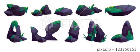 Purple rock collection with green moss Purple rock collection with green moss 123250153