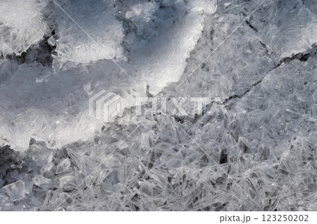 Frozen stream and ice closeup photo. Beautiful winter abstract background in nature. Concept for water and winter time. 123250202