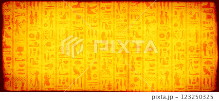 Horizontal travel banner with egyptian hieroglyphs. Grunge background with old paper texture and ancient egyptian hieroglyph. Topic of vacation, travel, trip abroad on vacation, cruises, tours 123250325