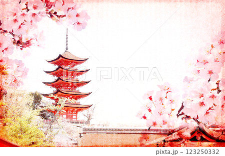 Spring background with paper texture, sakura flower and ancient pagoda. Horizontal banner with paper texture of pink color and branch of sakura with flowers. Sakura blossoming season in Japan Spring background with paper texture, sakura flower and ancient pagoda. Horizontal banner with paper texture of pink color and branch of sakura with flowers. Sakura blossoming season in Japan 123250332