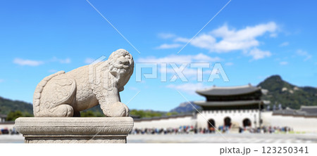 Horizontal banner with stone statue of mythical creature at the Gwanghwamun Gate, Gyeongbokgung palace, Seoul, South Korea. Topic of summer vacation, travel, trip abroad on vacation, cruises and tours Horizontal banner with stone statue of mythical creature at the Gwanghwamun Gate, Gyeongbokgung palace, Seoul, South Korea. Topic of summer vacation, travel, trip abroad on vacation, cruises and tours 123250341