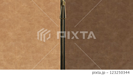 Leather background with zipper. Zipped zipper and leather patches. Horizontal or vertical backdrop with fastener and leather textures of light brown and dark brown colors. Copy space for text 123250344