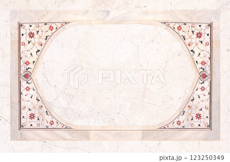 Frame with ancient tile decor on marble wall. Vertical or horizontal border with floral ornament. Mock up frame template. Copy space for text 123250349