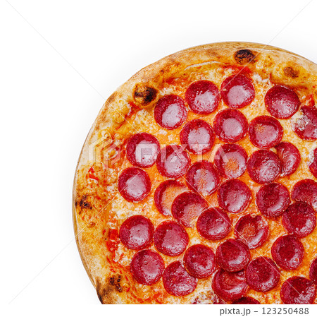 Pepperoni pizza with a golden crust and melted cheese topping 123250488