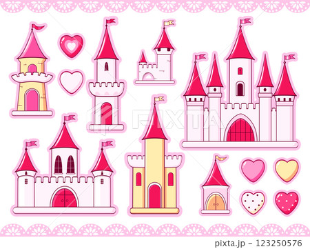 Set of pink castle icon stickers for girl. Collection of cute eye-catching tag, label with cartoon princess castle. Fantasy fairy tale princess palace. Magic kingdom tower set. Vector EPS8 123250576