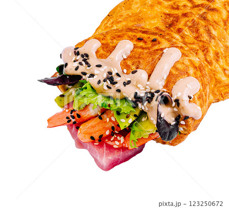Delicious wrap filled with fresh vegetables and creamy sauce 123250672