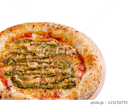 Delicious pizza topped with vibrant pesto and nuts served on a plate Delicious pizza topped with vibrant pesto and nuts served on a plate 123250755